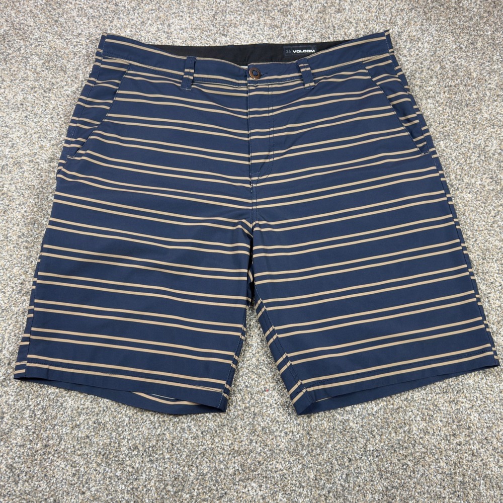 Volcom Mens Hybrid Shorts Navy Blue Tan Striped Boardshorts Size 36 Surf Skate